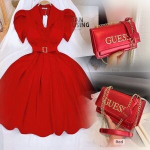 Red Midi Dress with belt Fashion Dress maxi dress